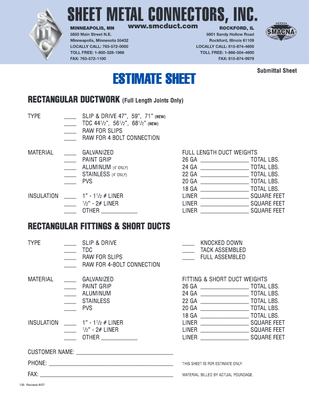 rectangularductworkestimatesheet Sheet Metal Connectors, Inc.