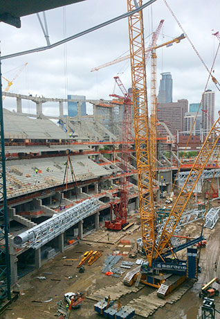 Cranes were used to load some of the largest and longest pieces of duct into place.
