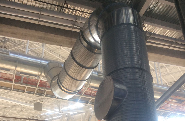 The ductwork for the upper bowl, which is a major portion of the building’s HVAC system, runs the ring of the field over 200 feet above ground level and consists of 2,500 feet of 84-inch spiral duct.